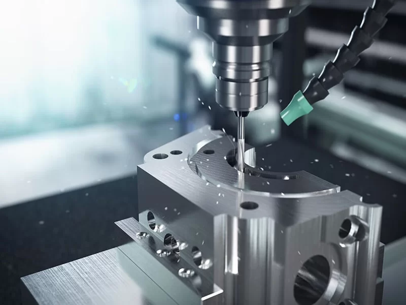 Dịch Vụ Gia Công Phay CNC Chính Xác Theo Yêu Cầu Đầu dao phay tốc độ cao đang xử lý biên dạng hốc sâu tại xưởng Quốc Huy.